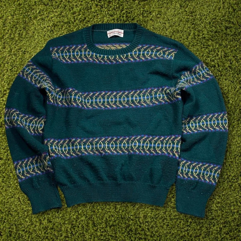 Vintage Loafers Knit Pattern Green Sweater